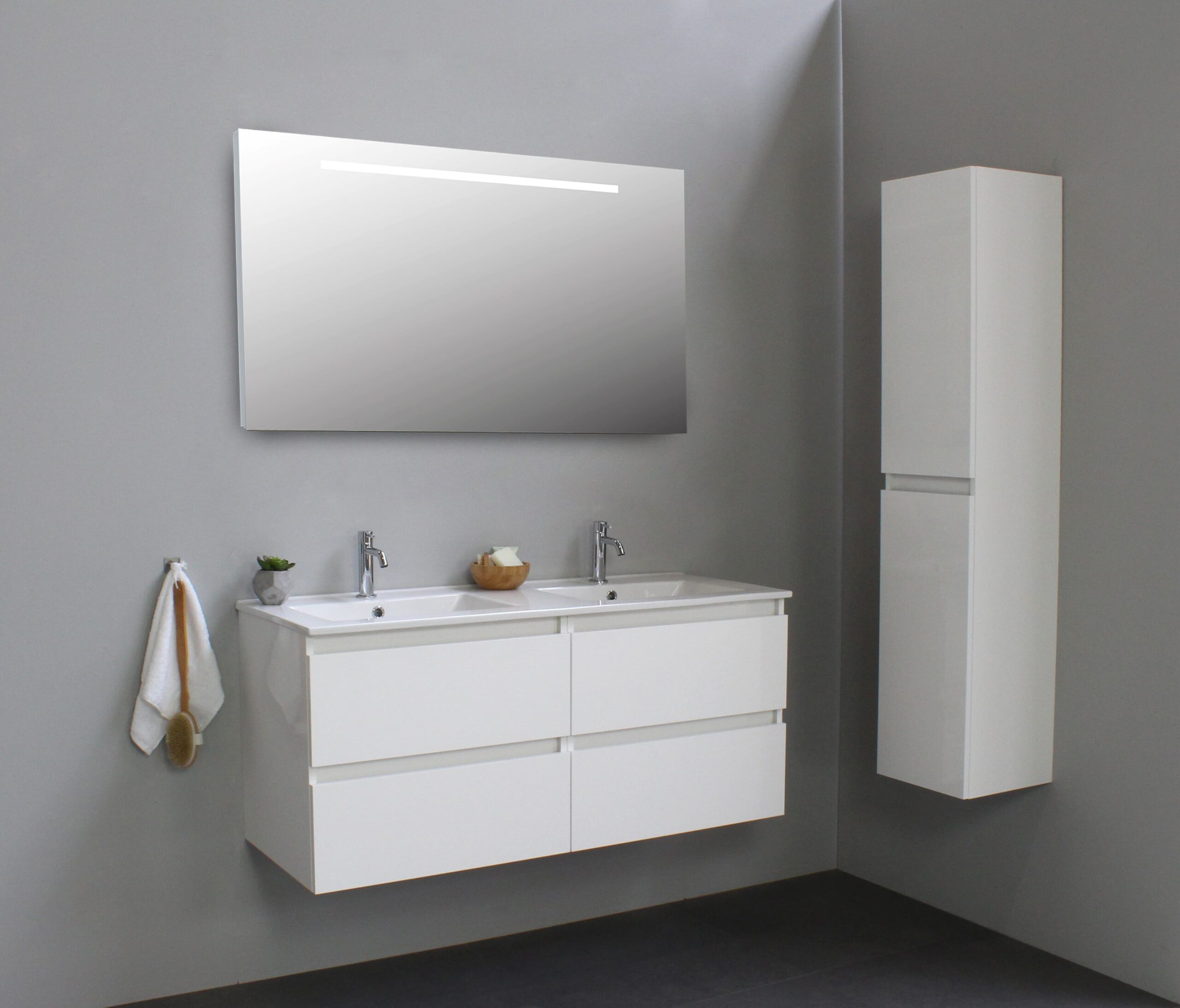 vals Echt Preek Sanilet badkamermeubel - 120cm - onderkast hoogglans wit- wastafel  porselein - 2 kraangat - zonder spiegel - bouwpakket - Badkamermeubel outlet