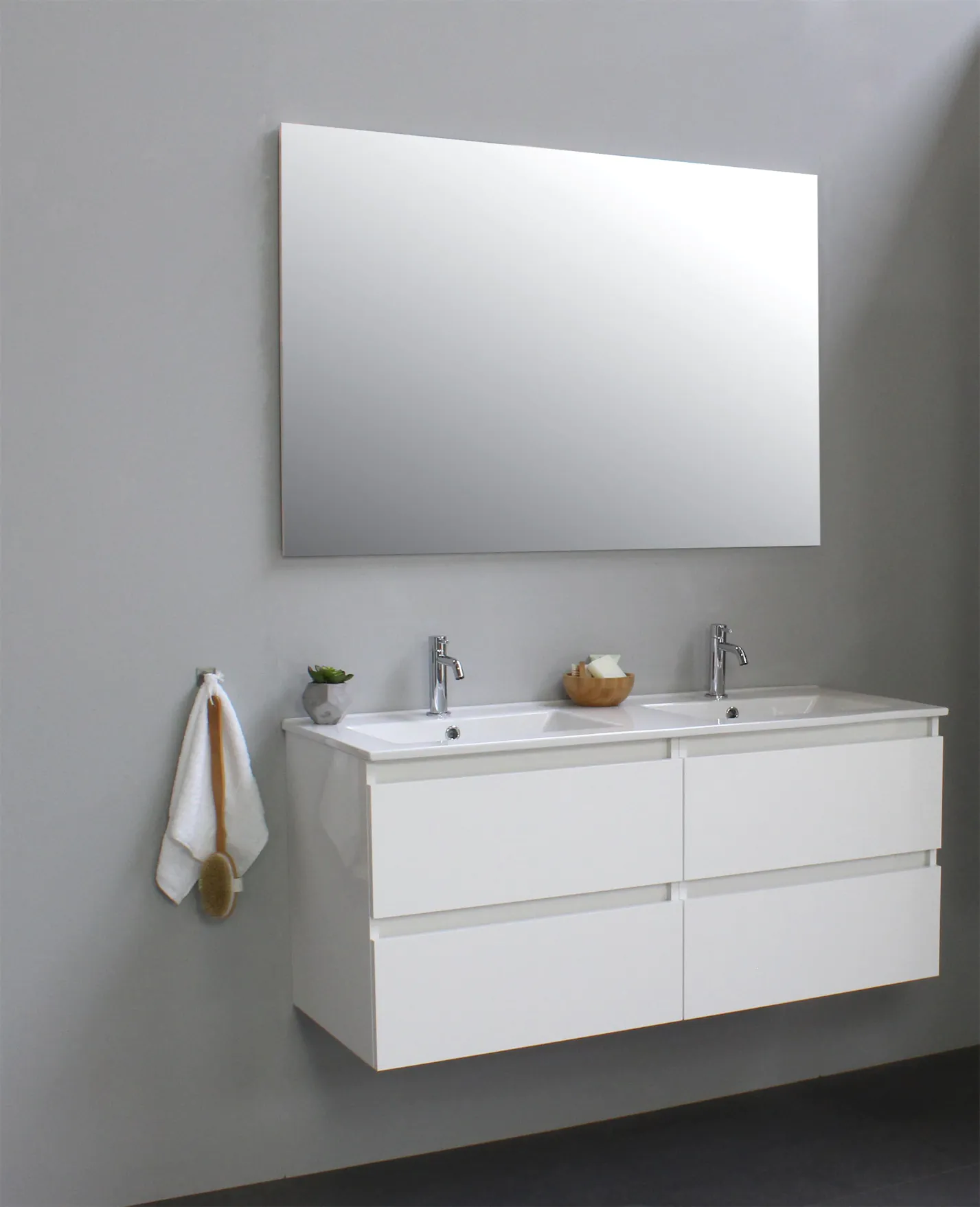 Sanilet - 120cm - onderkast hoogglans wit- wastafel porselein - 2 kraangat - zonder spiegel - bouwpakket - Badkamermeubel outlet
