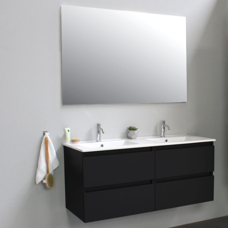 Sanilet badkamermeubel - 120cm - onderkast mat zwart - porselein - 1 kraangat - zonder spiegel - bouwpakket - Badkamermeubel outlet