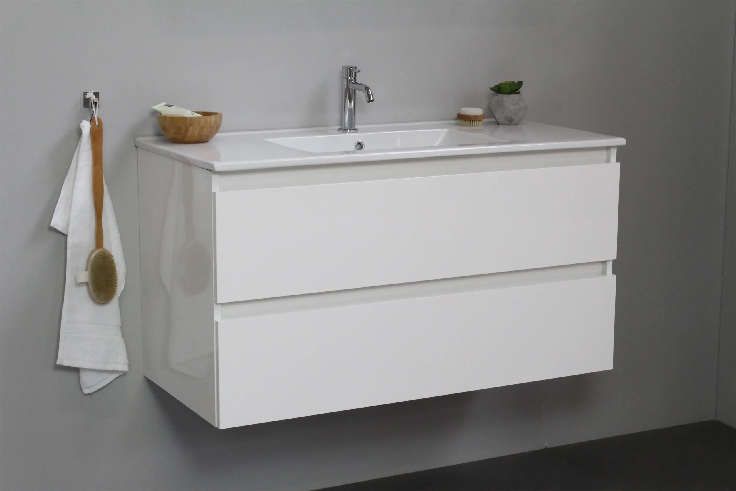 Sanilet badkamermeubel - 100cm - onderkast hoogglans wit- wastafel porselein - 1 kraangat - zonder - bouwpakket - Badkamermeubel outlet