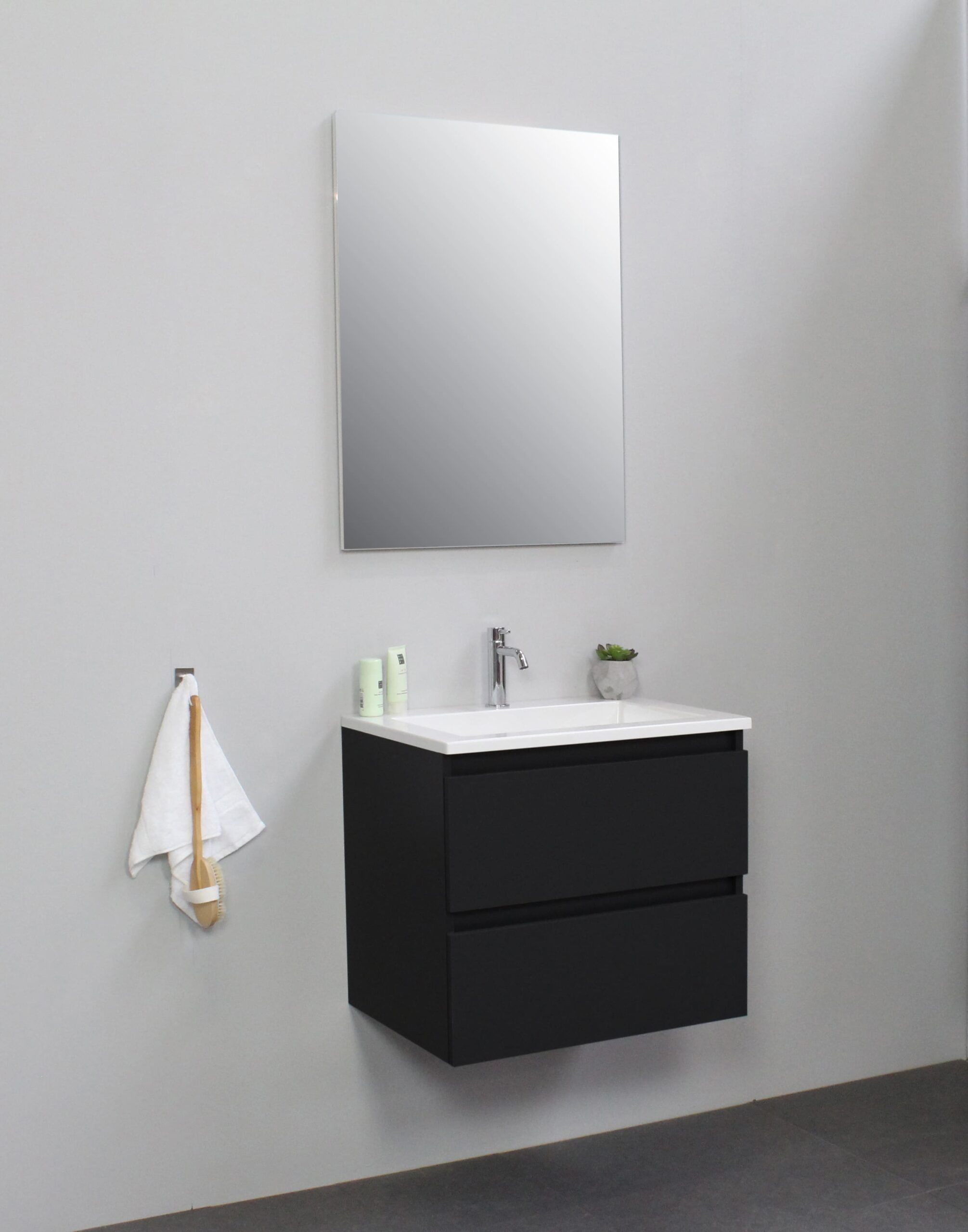 Sanilet badkamermeubel - 60cm - mat zwarte onderkast - mat zwart acryl wastafel - 1 kraangat - spiegel - bouwpakket - Badkamermeubel outlet