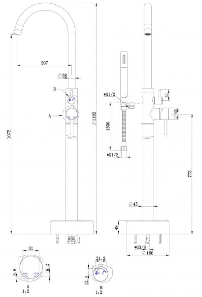 Best design - dresden hoogte is 119 - vrijstaande badkraan - RVS - 304 - Badkamermeubel outlet